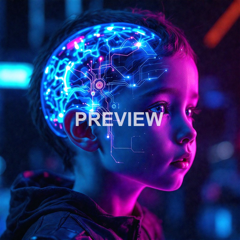 A young person with a digital, glowing circuit-like overlay on the side of their head, suggesting a fusion of human and technological elements in a neon-lit environment.